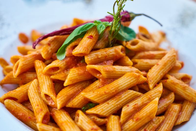 Spicy Penne Arrabbiata with chili and fresh tomato sauce
